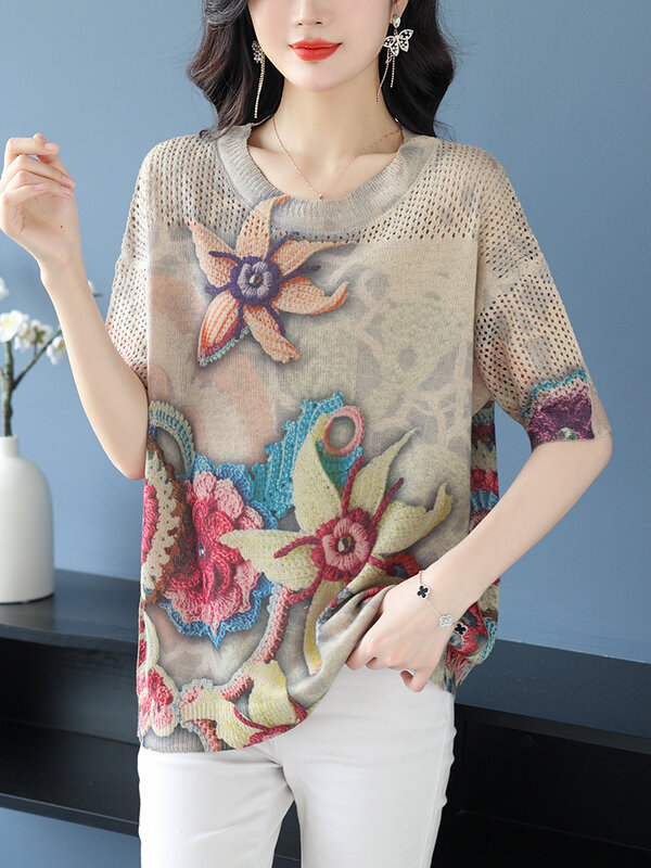 Print Hollow Knitted T Shirt Women 2024 Summer Clothes For Women Pullovers Tees Top Y2K Luźna koszulka damska