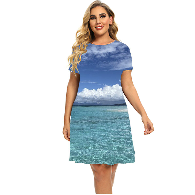 Robe de plage Style paysage naturel d'été pour femmes, grande taille, Mini robe décontractée à manches courtes, col rond, vêtements amples 6XL