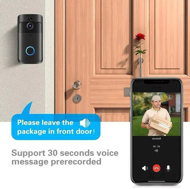 Dzwonek do kamery bezprzewodowej, domofon frontowe drzwi kamera do domowego systemu alarmowego wifi na baterie