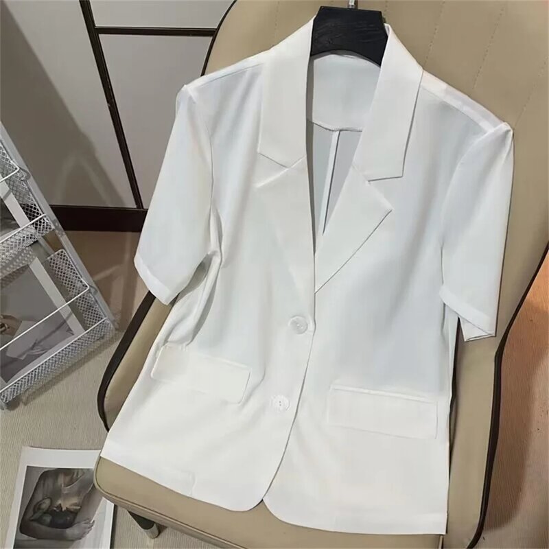 Jaqueta feminina fina de manga curta, jaqueta com protetor solar sólido, terno novo, tops de verão, moda, 2024