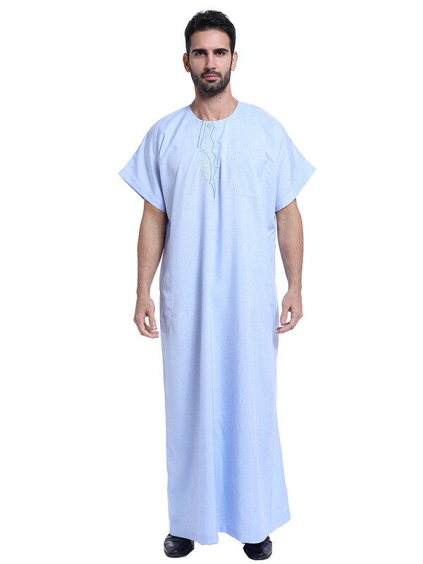 Manga curta masculina com gola redonda Jubba Thobe, kaftan muçulmano, camisas longas, veste árabe casual, cor sólida vintage, na moda