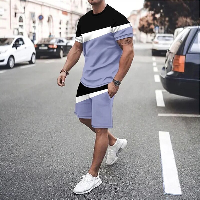 3D 입체 패턴 인쇄 투피스 남성용 패션 티셔츠, 세트 여름 반팔 및 반바지, 캐주얼 운동복
