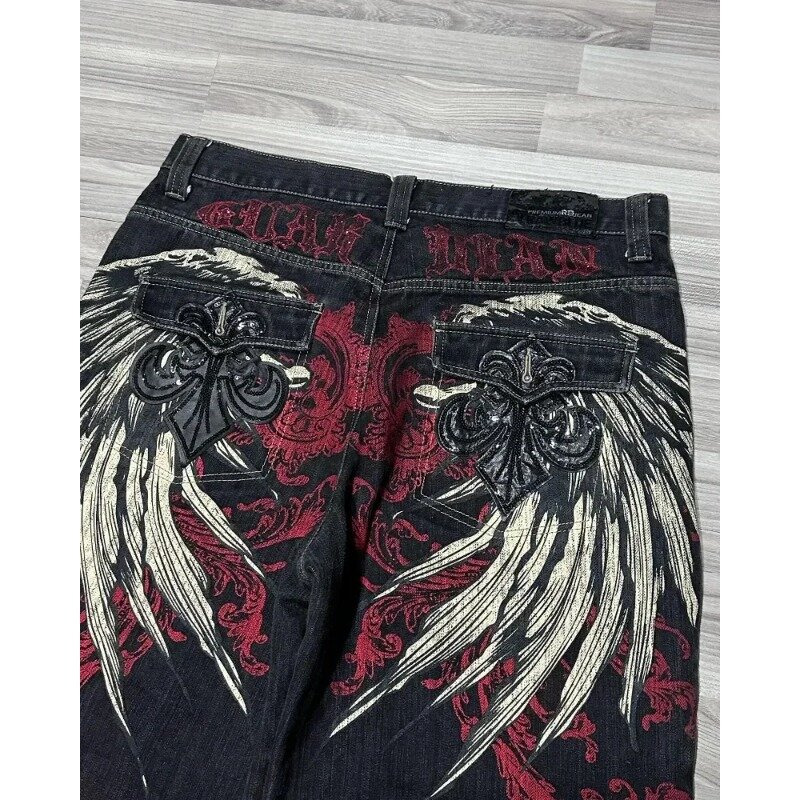 Pantalones cortos góticos de mezclilla para hombre, shorts holgados con estampado de alas de hip-hop, estilo popular y2k, verano, 2024