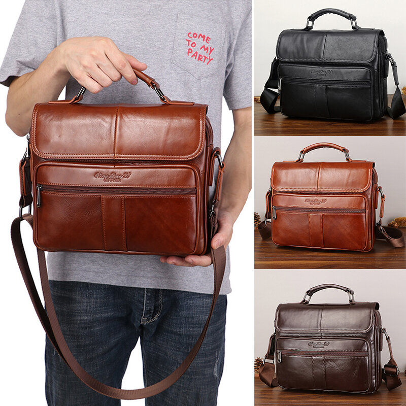 Genuine Leather Briefcase for Man Vintage Luxury Handbag Cowhide Tote Shoulder Ipad Business Messenger Crossbody Side Cross Bag