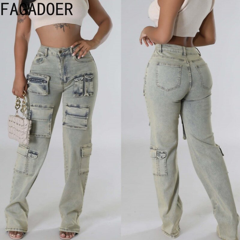 FAGADOER-Calças jeans elásticas casuais para mulheres, calças de carga lavadas, bolso de cor clara, calças femininas de cowboy de alta qualidade