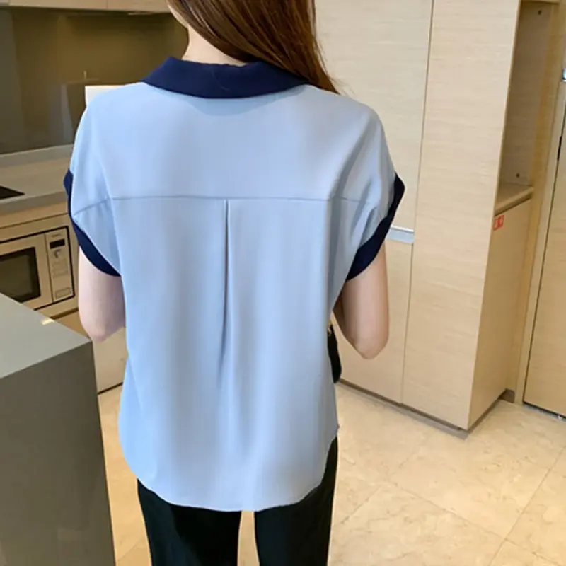 Nova moda manga curta blusa de verão das mulheres topos escritório com decote em v elegante camisa feminina com arco chiffon roupas 15072