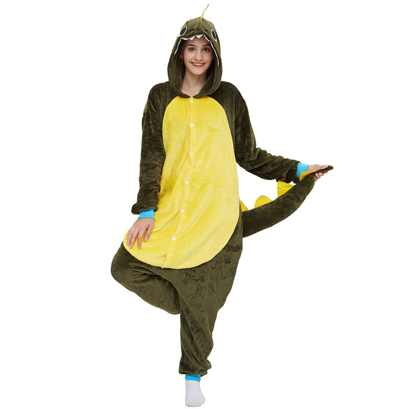 Dunkelgrüne kleine stachelige Drachen Kigurumi Kapuze Overall Pyjama Halloween Cosplay Party Kleidung warme Flanell weibliche Hauskleidung