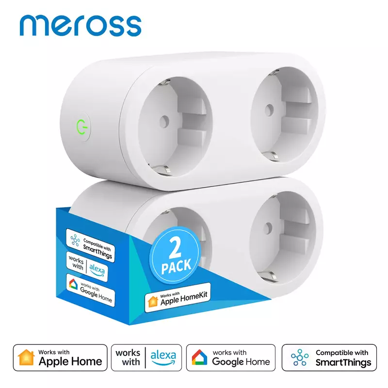Meross HomeKit-colokan Cerdas WiFi, Outlet ganda, soket pintar UE, kontrol suara jarak jauh, mendukung Alexa, Google Home, SmartThings