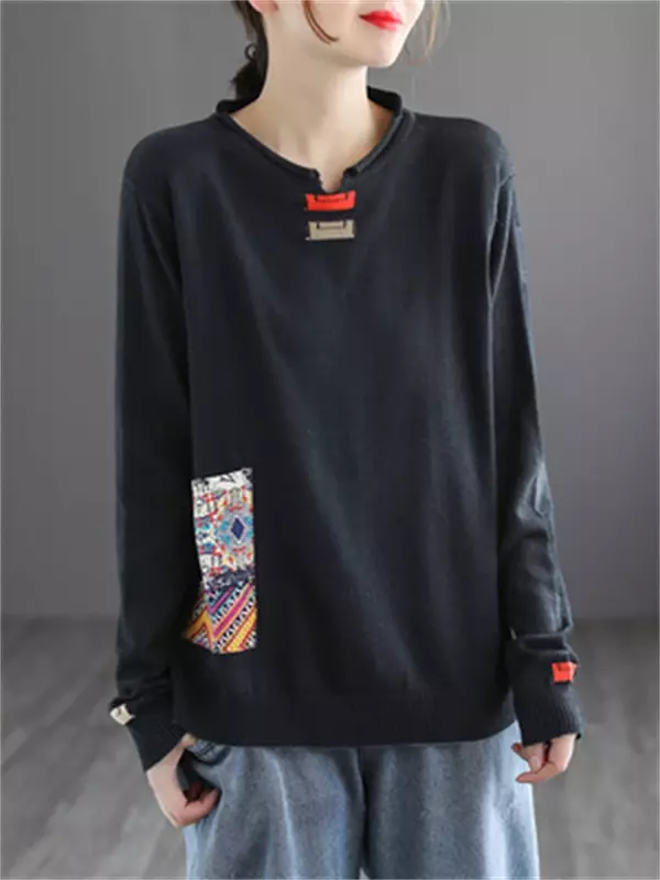 Женский вязаный свитер в стиле пэчворк, Повседневный хлопковый пуловер свободного покроя с длинными рукавами и карманами, модель ZL558 на весну