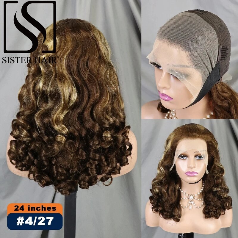 Wig rambut manusia keriting ikal ikal goyang Ombre Highlight 24 inci 300% 13x4 HD Wig renda gelombang longgar transparan untuk wanita mulus Remy
