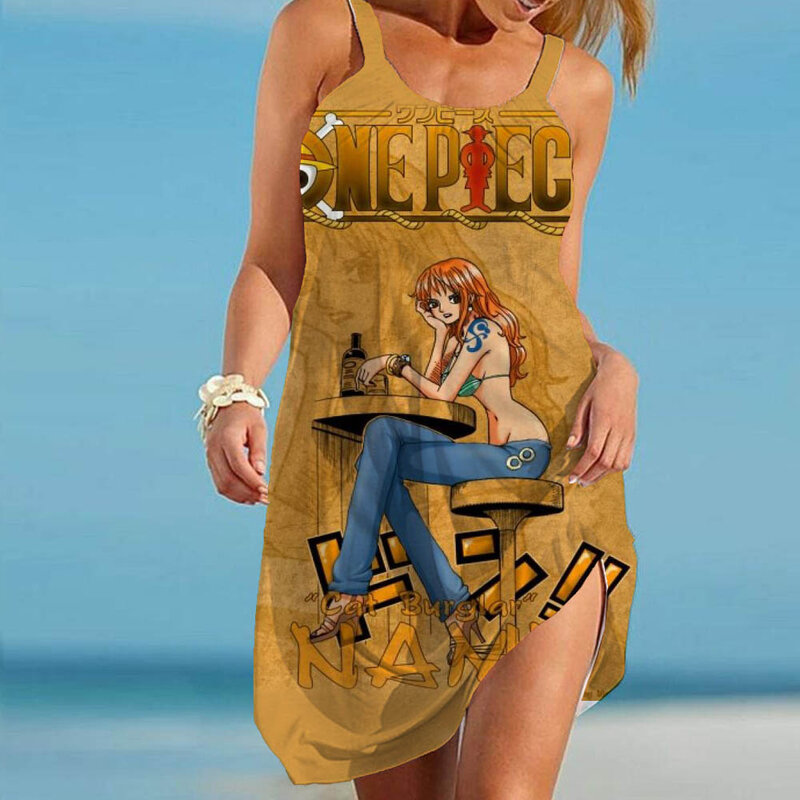 Vestido de verão feminino Boho sem mangas, solto One Piece Midi Dresses, Sling Beach Dress, Sexy Elegante Party Clothing, Verão