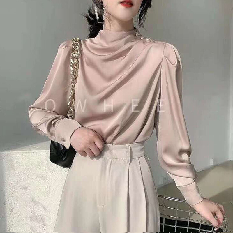 Satynowa Retro elegancka elegancka luksusowy Design urząd Lady biznes koszula na co dzień moda wzburzyć jednolity kolor, długi rękaw bluzki bluzki dla kobiet