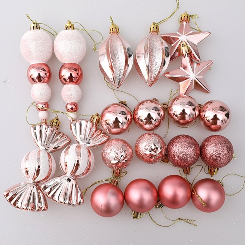 Delicate Christmas Tree Ornaments Pink Balls Star Pendants New Year Decor Gift A0KF