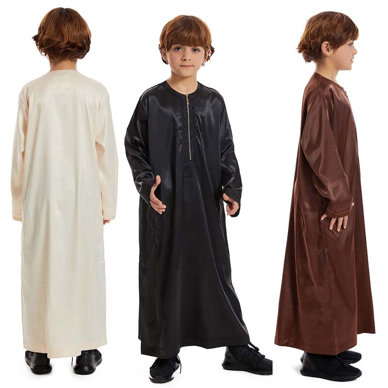 Eid Ramadan Boys Robe O-neck Arabic Long Sleeve Thawb Islamic Muslim Thobe Prayer Garments Saudi Dubai Jubbas Kids Caftan110-160