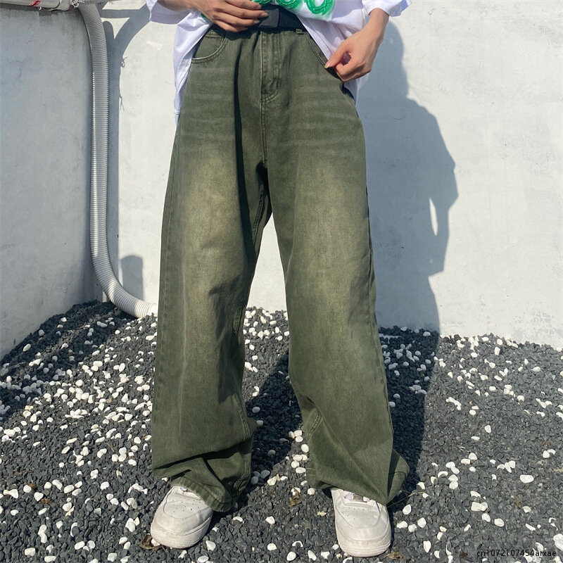 Primavera Verde Jeans Baggy Angustiado Vintage Denim Calças Masculinas Calças De Perna Larga Dos Homens Streetwear Retro Oversize Casual Hip Hop