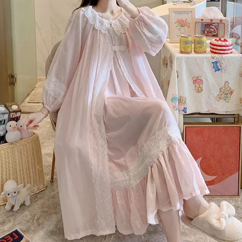 Princess Sleepwear Peignoir set vittoriano Vintage camicie da notte fata abito da notte donna autunno puro cotone abito lungo Slip Dress