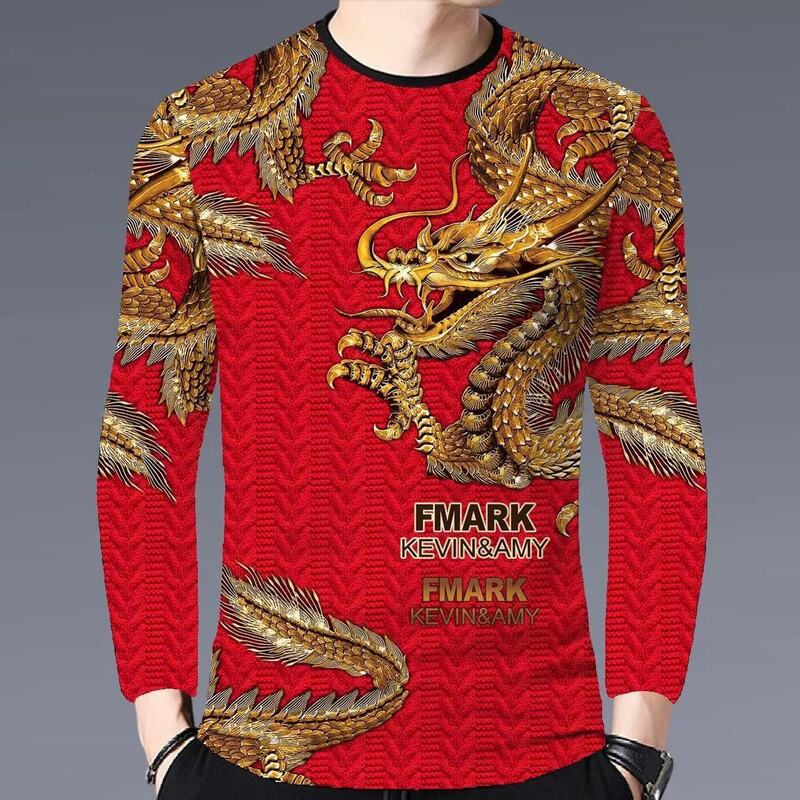 T-Shirt da uomo primavera autunno 2024 felpa con cappuccio girocollo anno drago cinese giacca maglione moda fortunata camicia Base maschile soprabito