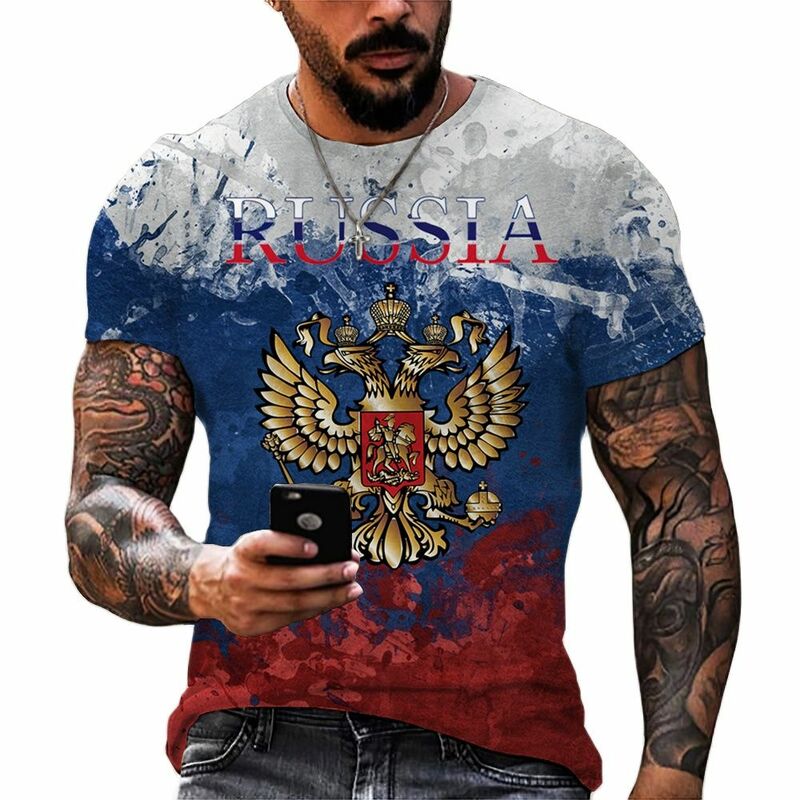 3Dプリントのメンズ半袖Tシャツ,ロシアの旗が付いた新しいファッショナブルな服