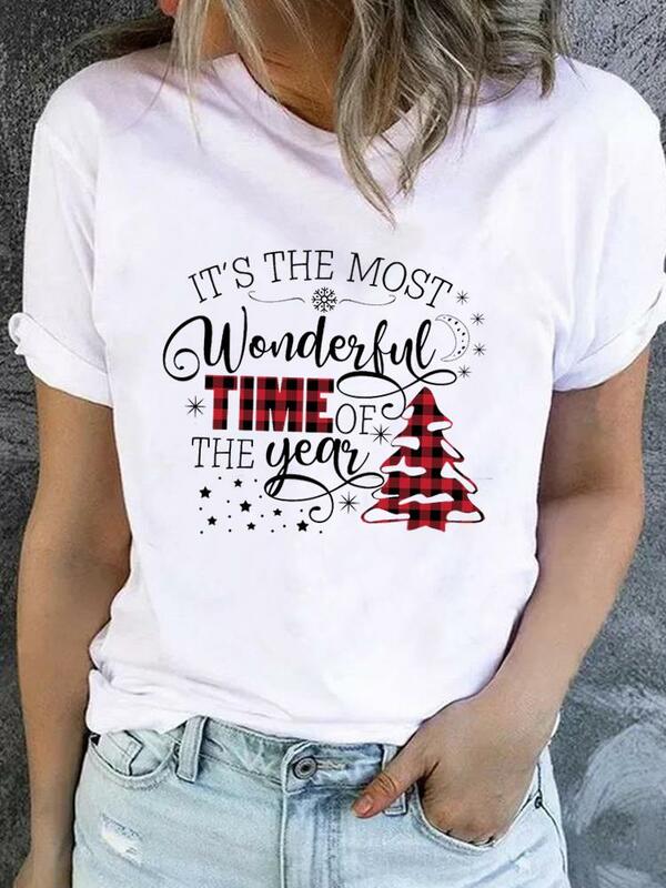 Świąteczna szkocka krata styl liter urocze ubrania moda nowy rok z krótkim rękawem nadruk T Top podstawowe t-shirt damskie graficzne koszulki