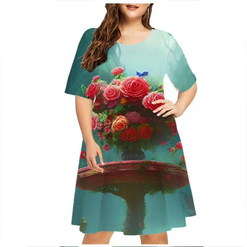 Sommer Vintage 3D Blumen druck Kleider für Frauen Mode Kurzarm lose Plus Size Kleid lässige weibliche Kleidung 6xl Sommerkleid
