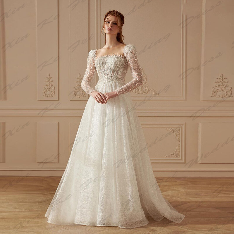 Luxury New Evening Dresses For Women Exquisite Beading Sexy Off Shoulder Long Sleeves Fluffy Princess Style Mopping Bride Gowns