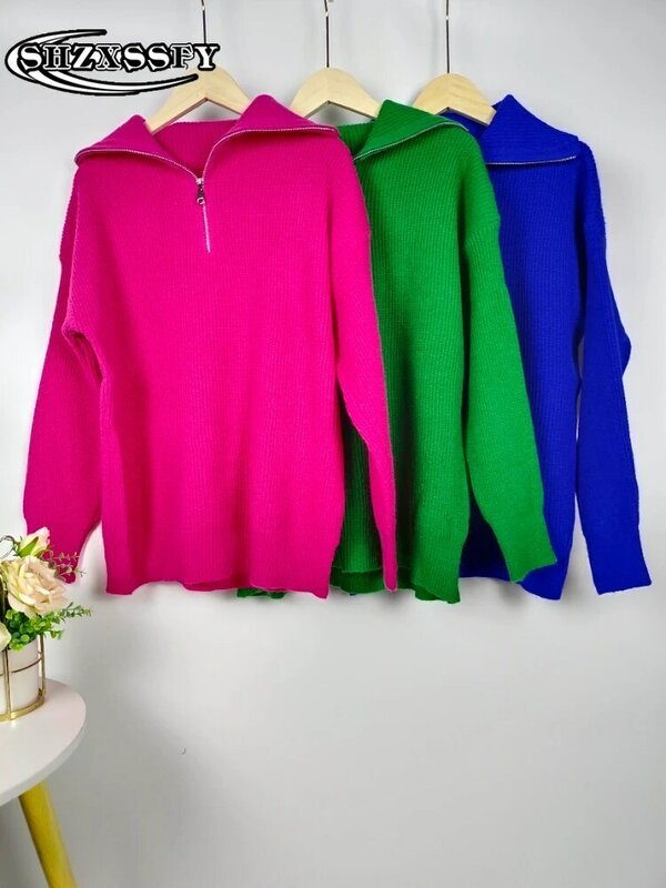 Женская водолазка, вязаные свитера на молнии с длинным рукавом, серый Модный пуловер, свободные женские свитера на осень и зиму 2023