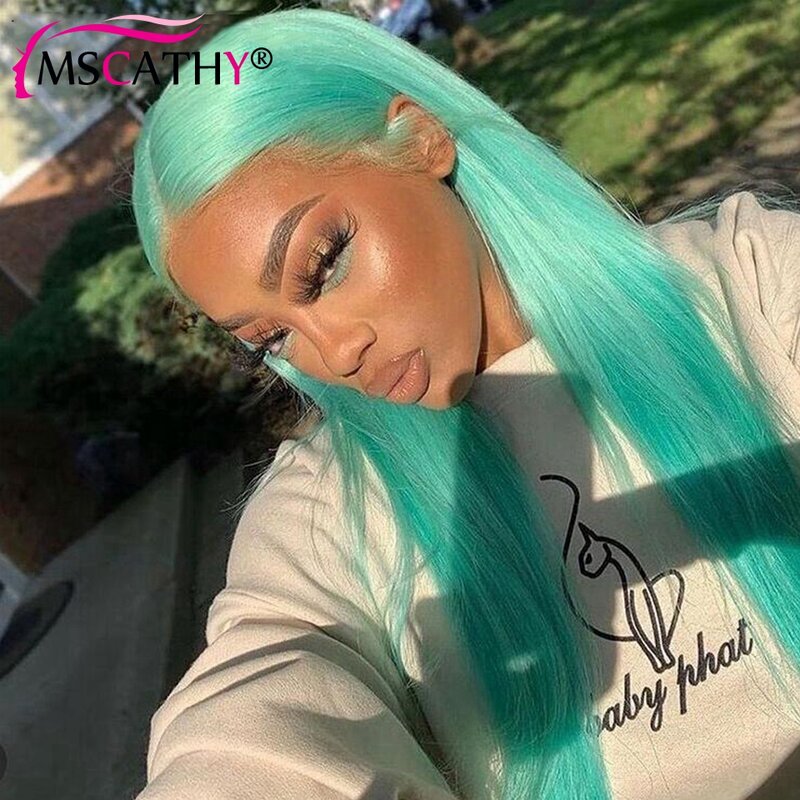 Wig rambut manusia lurus berenda HD transparan 13x4 hijau Mint dengan kepadatan 150% wig rambut manusia Virgin Brasil 22 inci