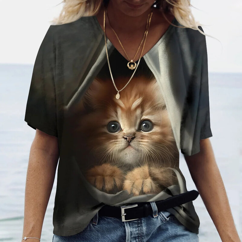 Camiseta 3D estampada para gato feminina, tops casuais com decote em O, manga curta, decote em V extragrande, camisetas femininas, roupas femininas, moda verão