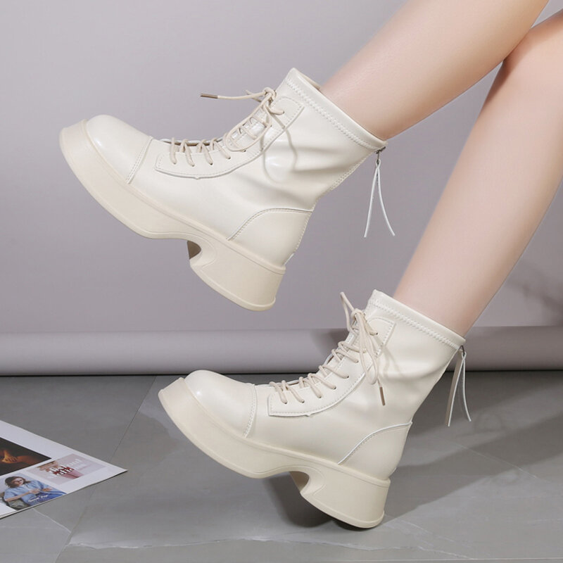 Botas femininas de PU, botas modernas de plataforma, laço para cima, zíper lateral, dedo do pé redondo, sapatos femininos versáteis, marca, 2023