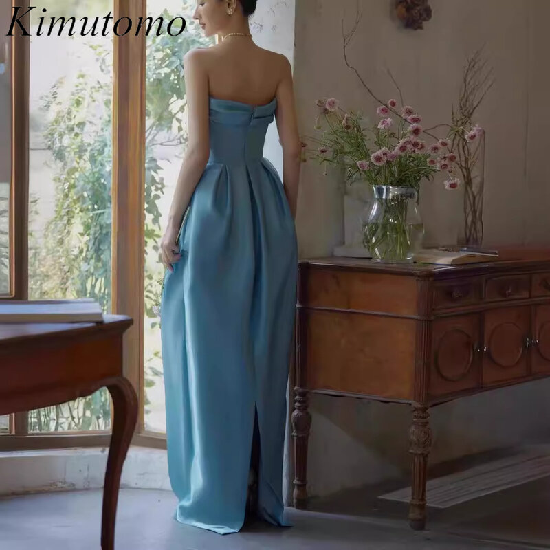 Kimutomo ชุดออกงานผ้าซาตินไร้สาย2022หรูหราสำหรับงานแต่งงานชุดเดรสสไตล์คนดังสีน้ำเงินทะเลสาบผู้หญิง
