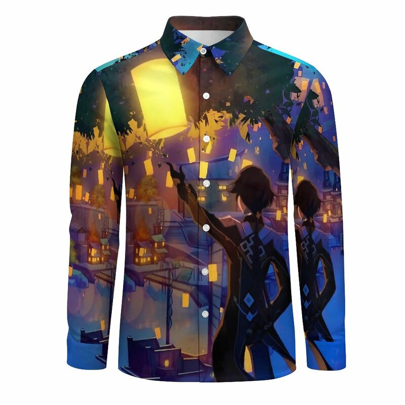 원신 임팩트 캐주얼 셔츠 남자 애니메이션 프린트 셔츠, 긴 소매 레트로 재미있는 블라우스, 가을 패턴 상의, 빅 사이즈