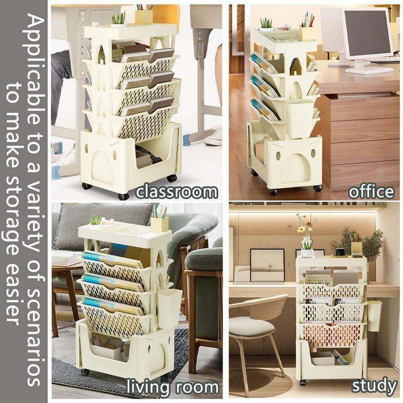 5 Tier Movable Book Shelf On Wheels Rotatable Storage Bookcase Creative Bookshelf Display Stand Home Decoration DIY Book