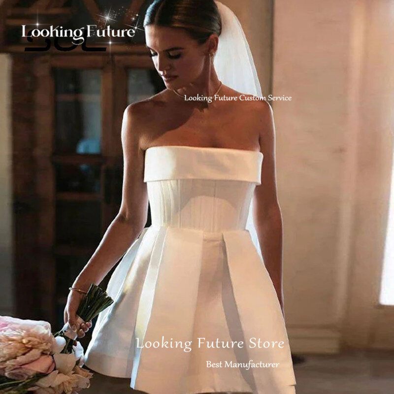 Mini vestido de casamento branco clássico, sem alças, sem encosto, sem mangas, sexy split, vestido de noiva curto, elegante, 2024
