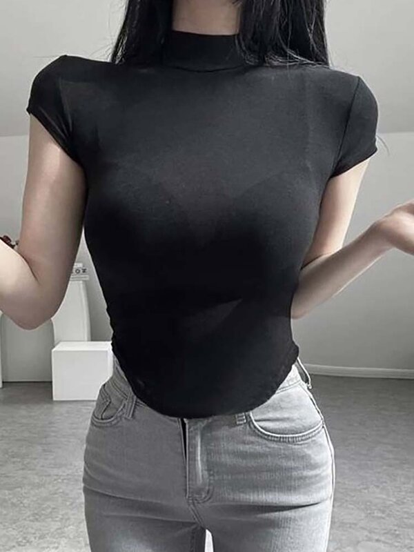 Damen T-Shirts schwarz weiß schlank Kurzarm sexy T-Shirt Femme koreanische Mode rosa Top Sommer Damen bekleidung 2024 T-Shirt