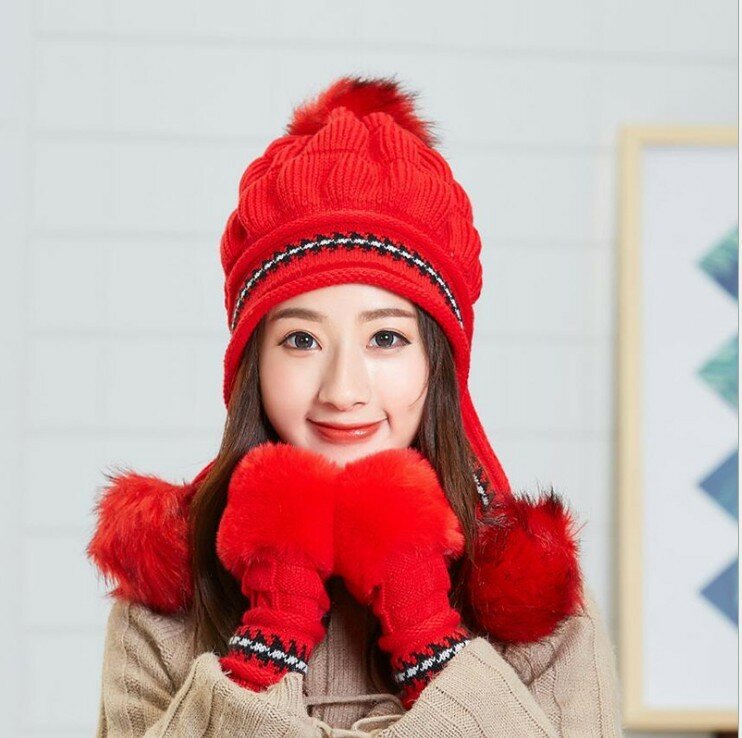 Комплект из шапки и перчаток для женщин и девочек, теплые вязаные меховые шарики с украшением, милые модные облегающие перчатки, комплект из 2 предметов для зимы