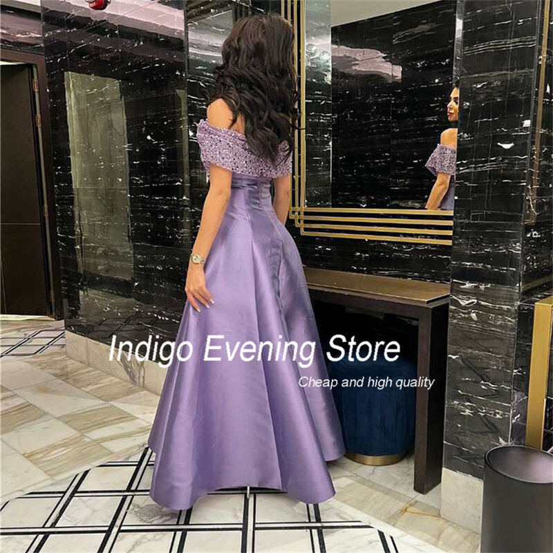 Indigo Prom Dresses 2024 A-Line Off The Shoulder Sequin Open Back Ankle-Length Elegant Simple Evening Gowns For Women فساتين الس