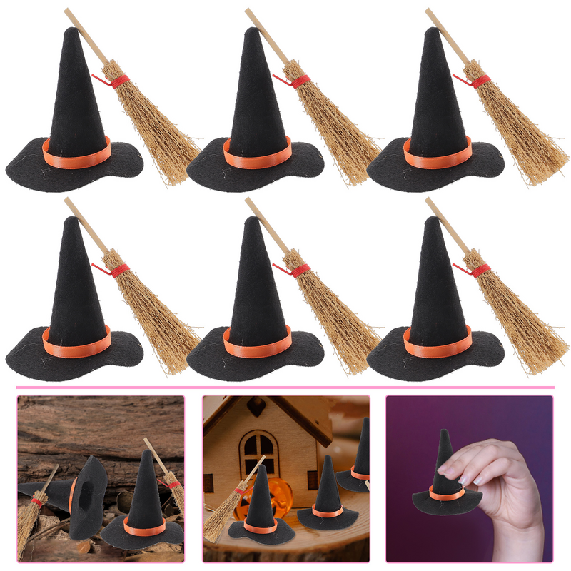 Mini sombreros de bruja de fieltro para Halloween, Mini sombrero de bruja, cubiertas de botella de vino, Mini escoba, sombrero de bruja pequeño, Mini decoraciones de Halloween