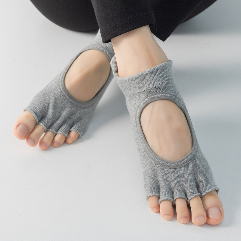 Toeless Non Slip pegangan kaus kaki wanita katun sejuk punggung terbuka kaus kaki Yoga wanita silikon dasar lima jari kaus kaki olahraga tari balet