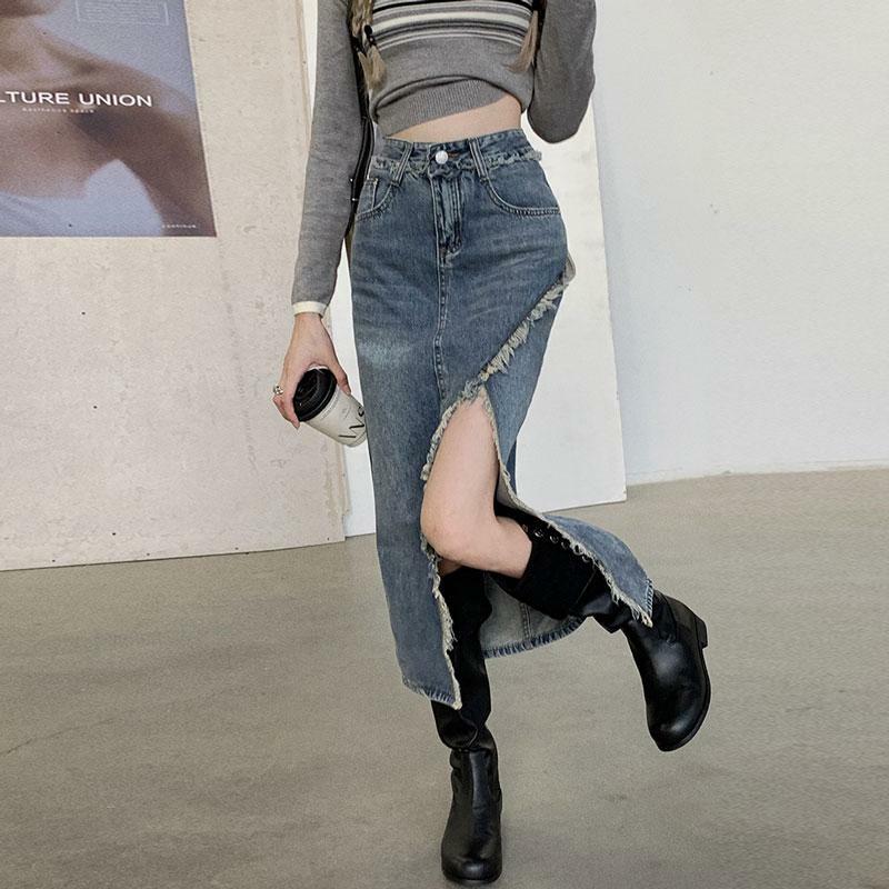 Moda wysokiej talii nieregularne rozcięcie spódnica dżinsowa dla kobiet lato seksowna średniej długości spódnica jeansowa w kształcie litery A Streetwear kobieta
