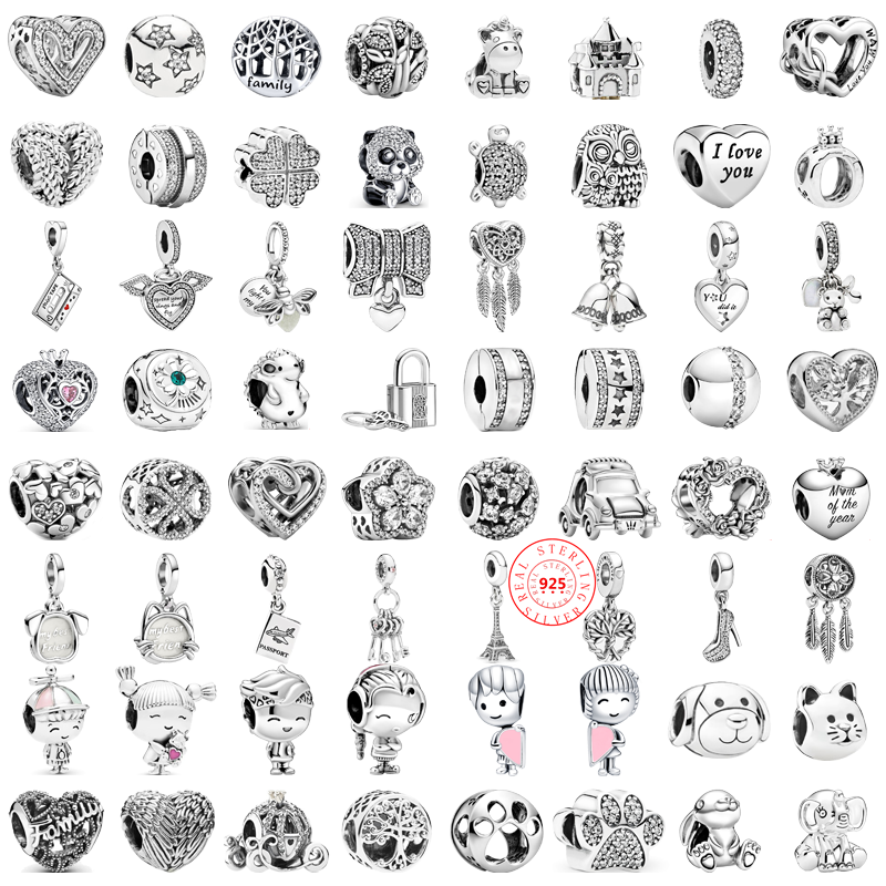 925 Prata Beads animais para as Mulheres, menino bonito, meninas, família, impressão pata, pena, clipe, miçangas, se Fits Original Pulseira Pandora, Fine Jewelry, Novo