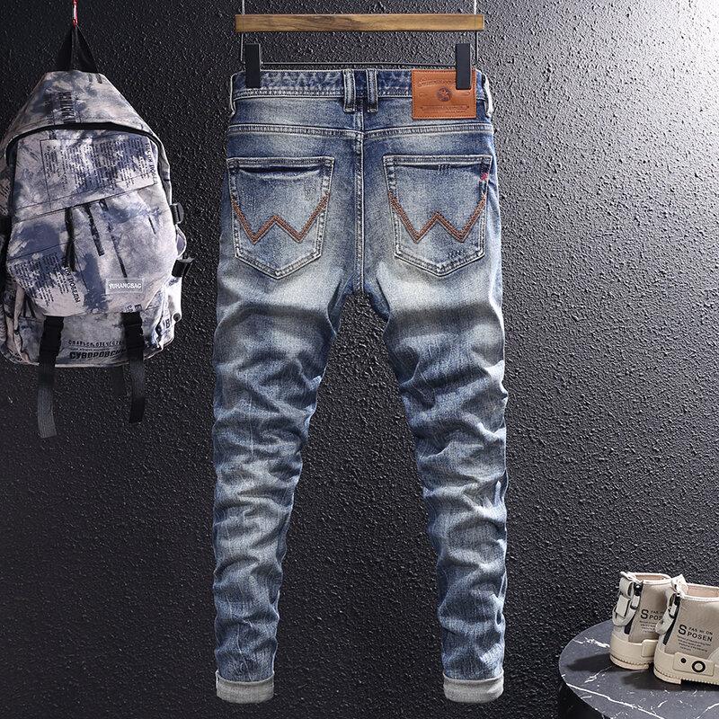 Джинсы мужские стрейчевые, винтажные брюки из денима, Стрейчевые Узкие рваные джинсы в ретро стиле, синие