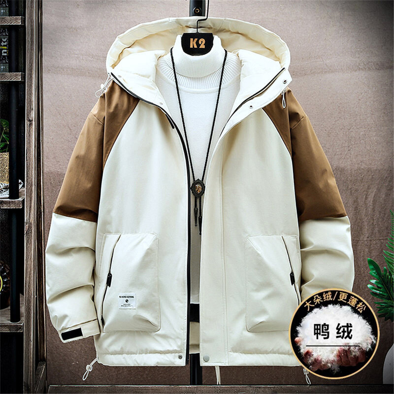 Jaket Down Musim Dingin Pria, mantel bertudung untuk musim dingin, jaket tebal hangat modis tambal sulam ukuran Plus 8XL