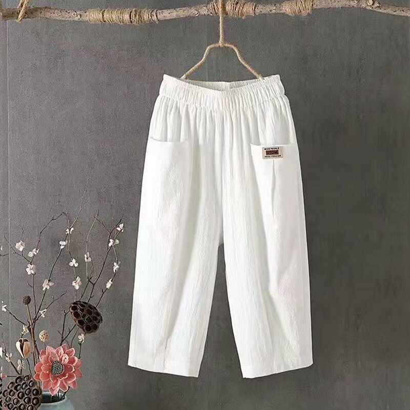Pantalones informales de lino y algodón para mujer, calzas cortas de Color liso con cintura elástica, para verano, 2024