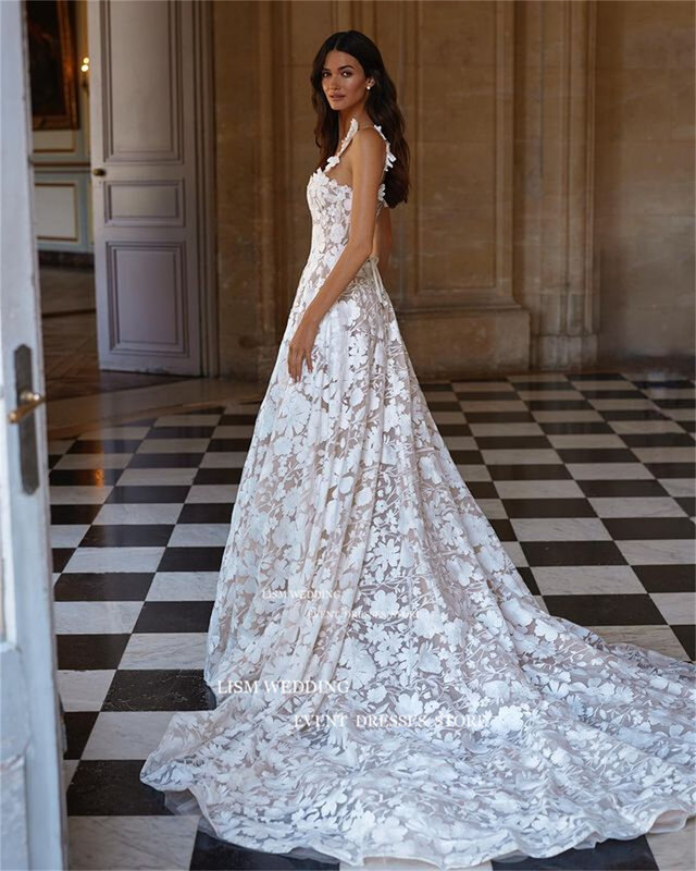 Lism exquisite volle Spitze eine Linie Brautkleider breiten Riemen ärmellose elegante Braut Kleid Blumen Korsett rücken freie Robe de Mariée
