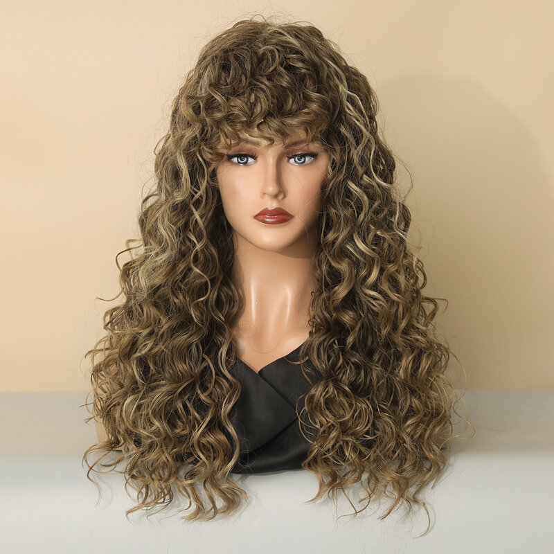 Dark Blonde Long Curly Wig for Black Women Bangs Fluffy Natural Heat Resistant Synthetic Wigs Fringe Party Daily Use Fake Hair
