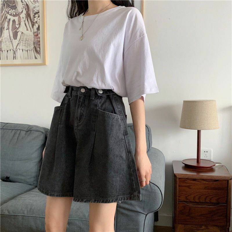 Dongmen-pantalones cortos de mezclilla Retro para mujer, diseño de cintura alta, holgados, acampanados, pierna ancha, verano 2024