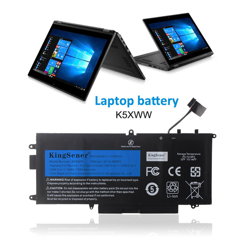 KingSener K5XWW Laptop Battery for DELL Latitude 5289 7389 7390 2-in-1 Series Notebook 71TG4 725KY  N18GG 7.6V 60WH
