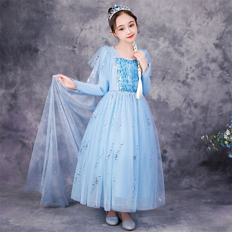 Children Halloween Girls Cosplay Snow Queen Elsa 2 Sequin Princess Dress + Long Removable Cloak Masquerade Birthday Party Gowns