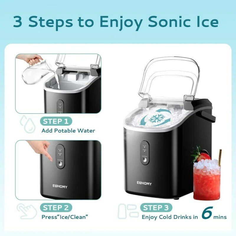 EUHOMY Nugget Ice Maker Countertop with Handle, Ready in 6 Mins, 34lbs/24H, Removable Top Cover, Auto-Cleaning, Portable Sonic I