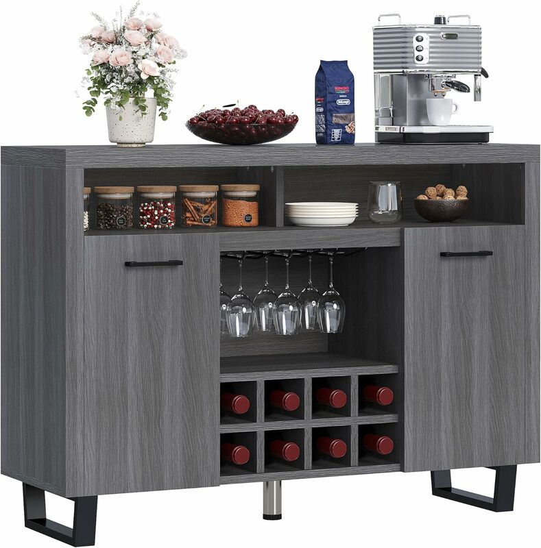 Wine Bar Cabinet with Wine and Glass Rack, 47" Modern Sideboard Buffet Coffee Cabinet with Storage for Kitchen, Grey Oak